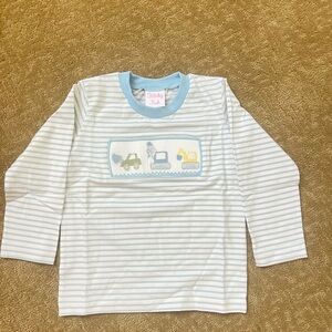 Stitchy Fish Light Blue Striped Long-Sleeve Kids Top with Vehicle Applique